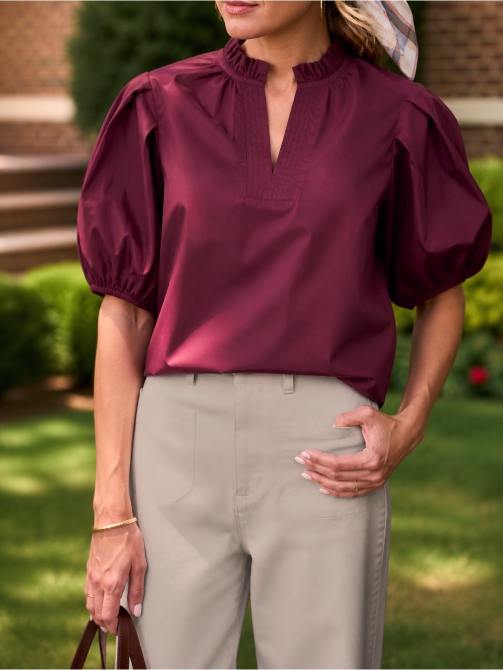 Avara Georgina Top Maroon Puff Sleeve Blouse NWT Small Boutique